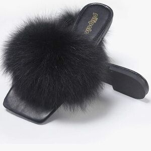 Black Fuzzy Square Toe Sandals